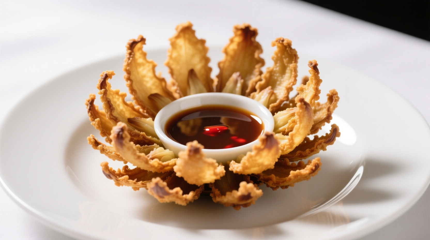 Bloomin onion on white plate with dipping sauce