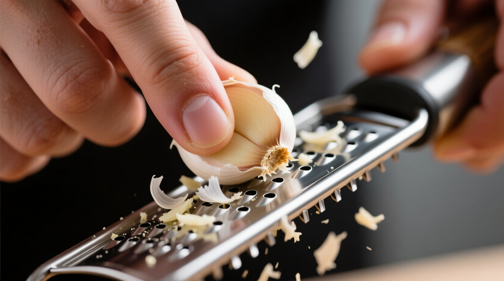 Hand grating garlic on microplane with proper finger positioning