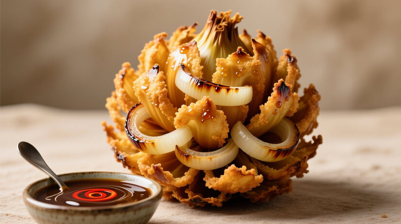 Deep-fried bloomin' onion with dipping sauce