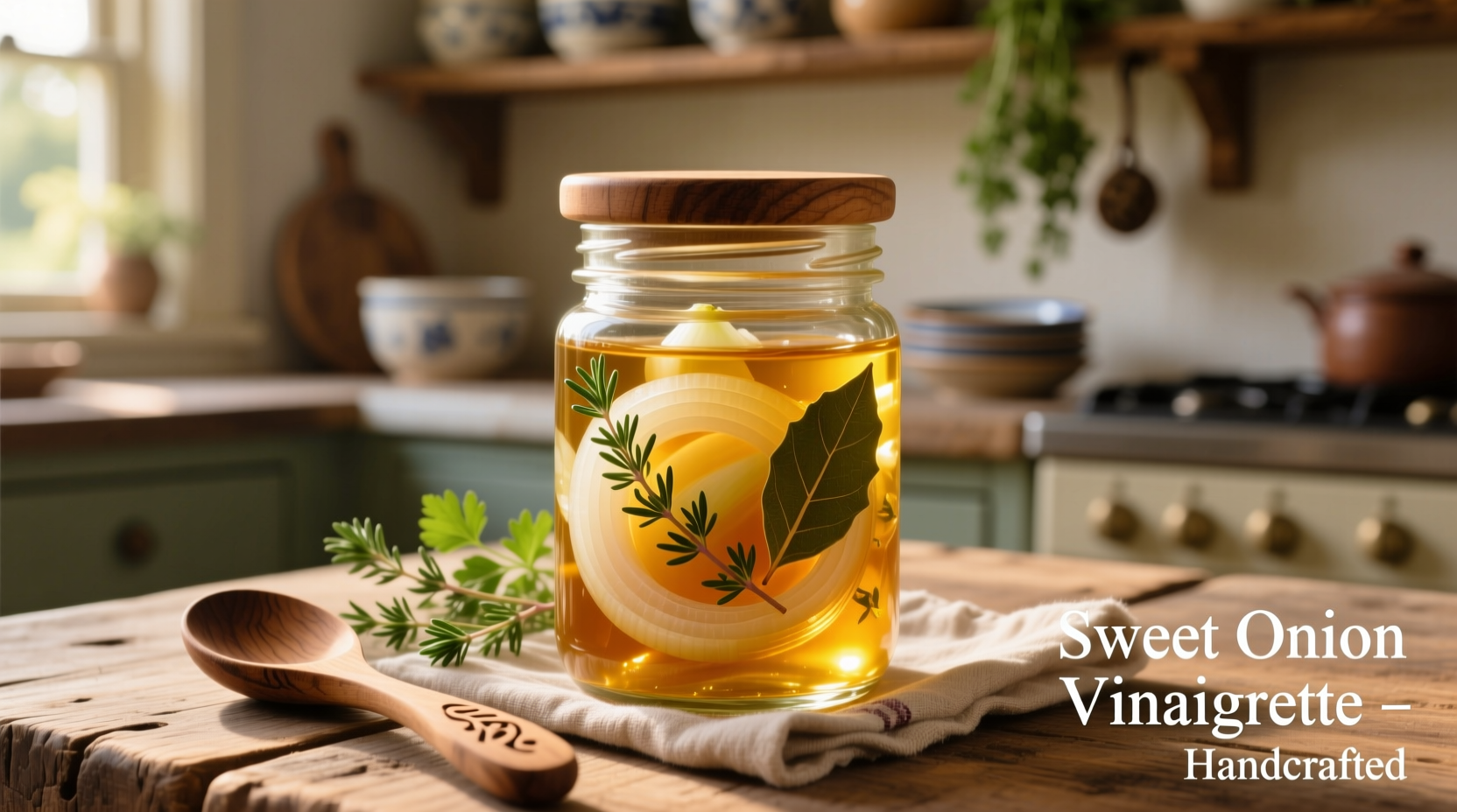 Fresh sweet onion vinaigrette in glass jar with herbs