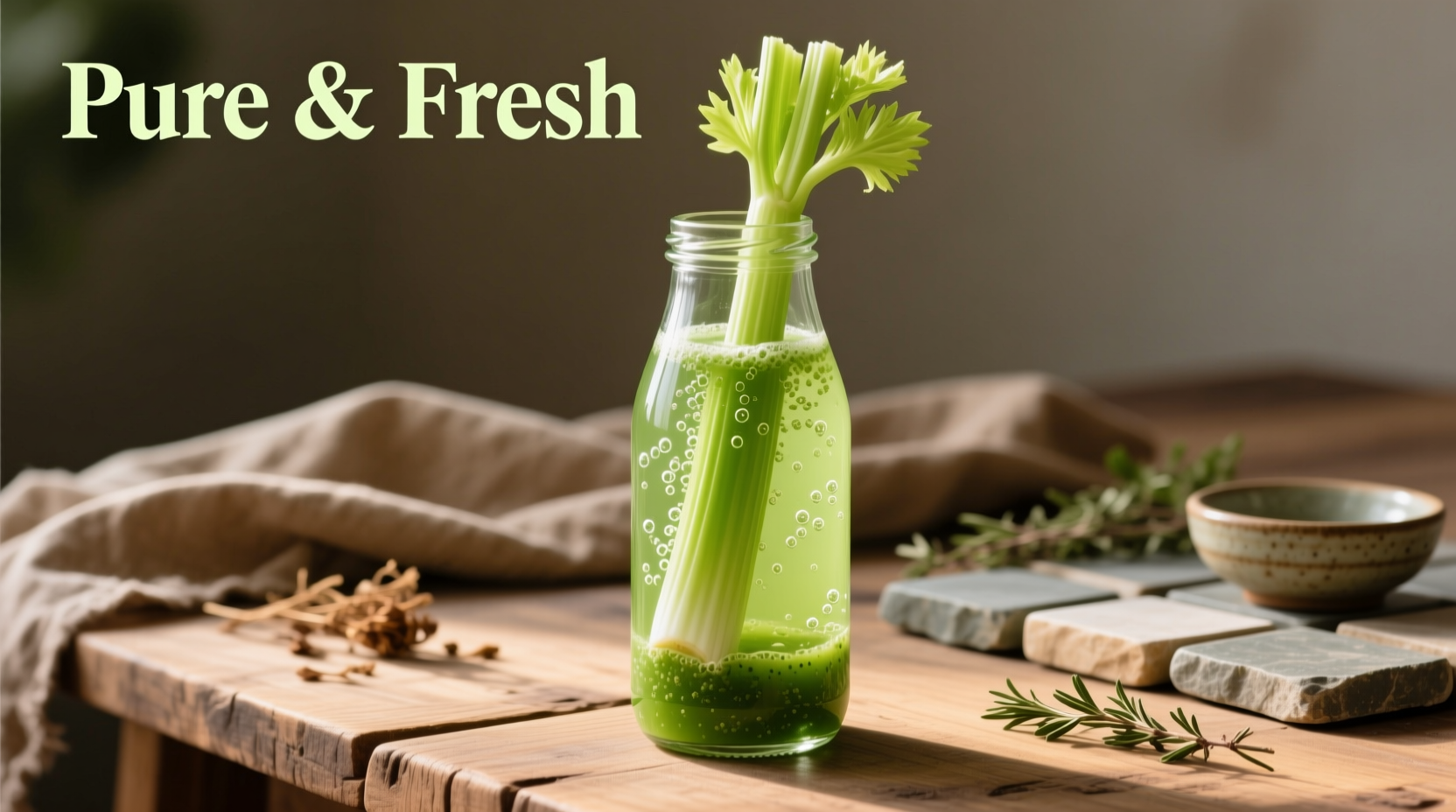 Fresh celery juice in glass bottle with celery stalks