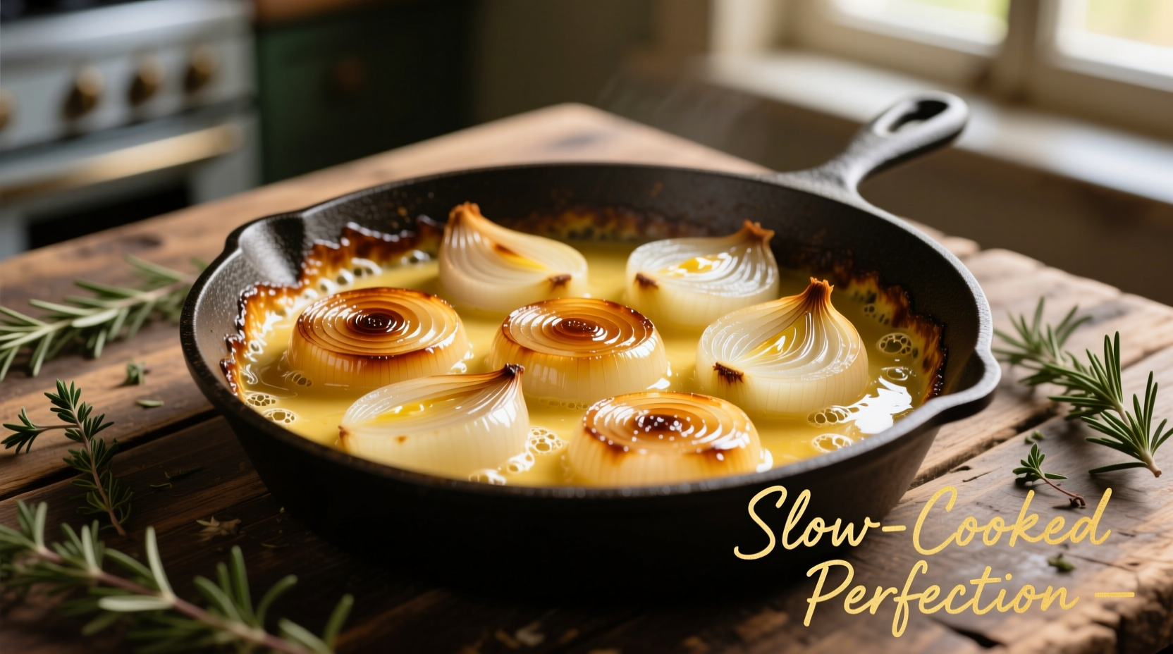 Golden caramelized onions in butter mixture