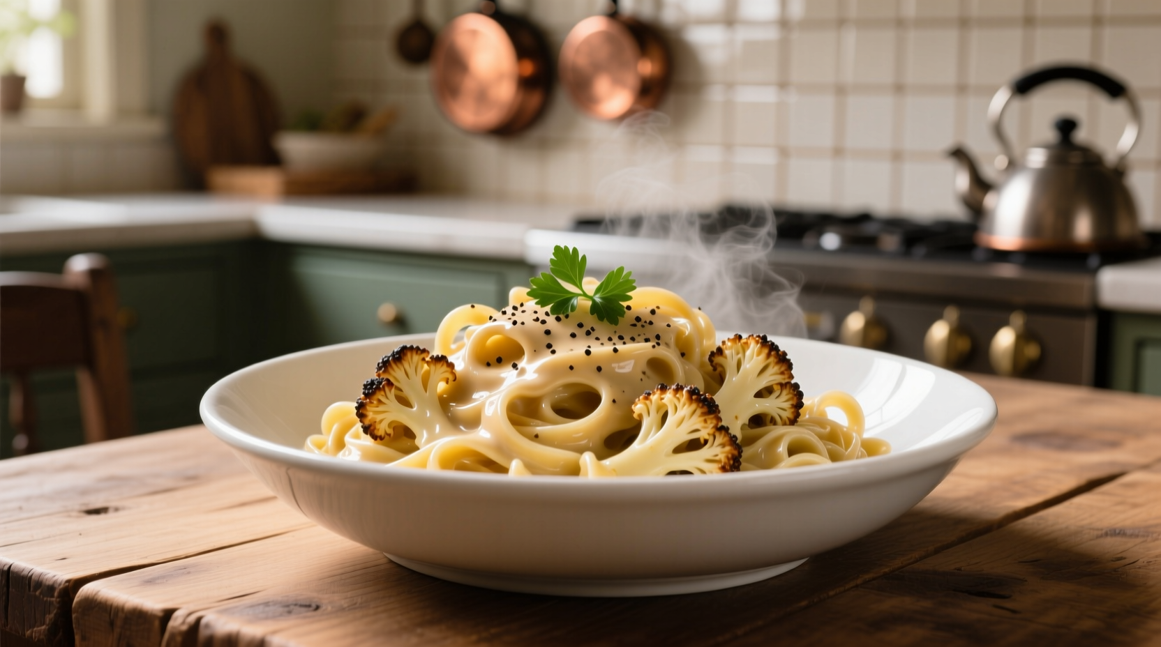 Creamy roasted cauliflower alfredo pasta in white bowl