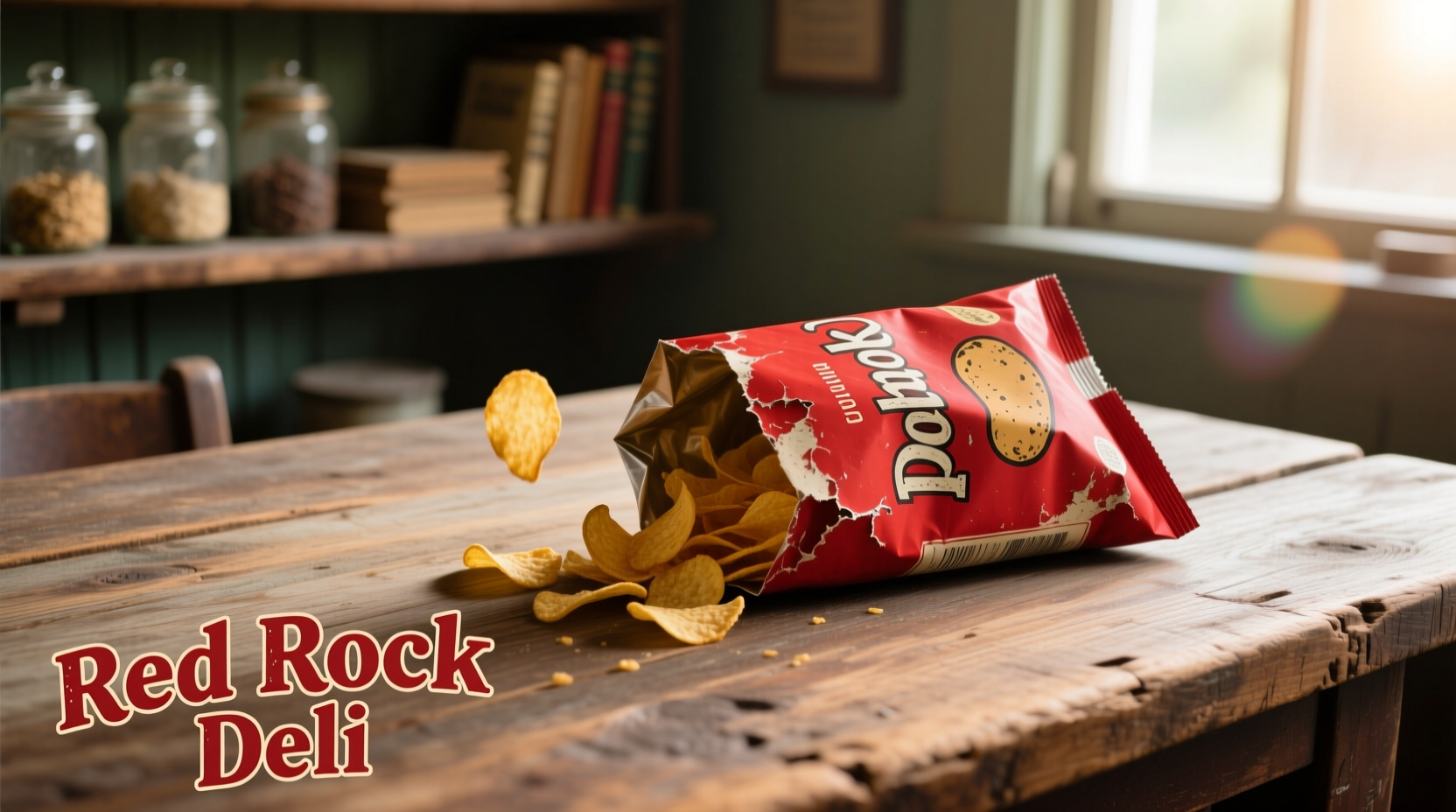 Red Rock Deli potato chips bag on wooden table