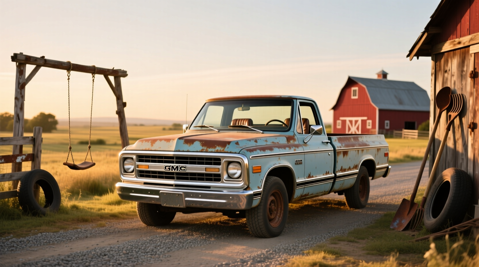 1972 GMC pickup truck parked on gravel road
