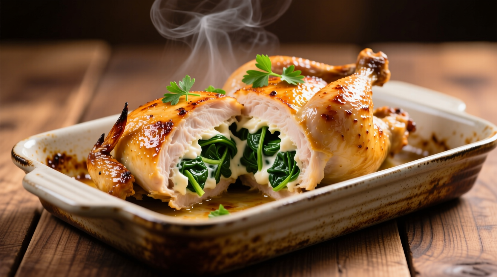 Cream cheese spinach stuffed chicken on baking sheet