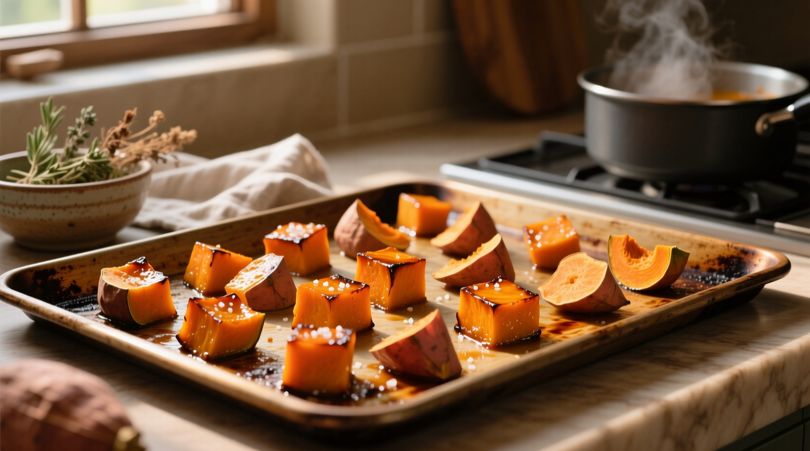 Roasted butternut squash and sweet potato cubes on baking sheet
