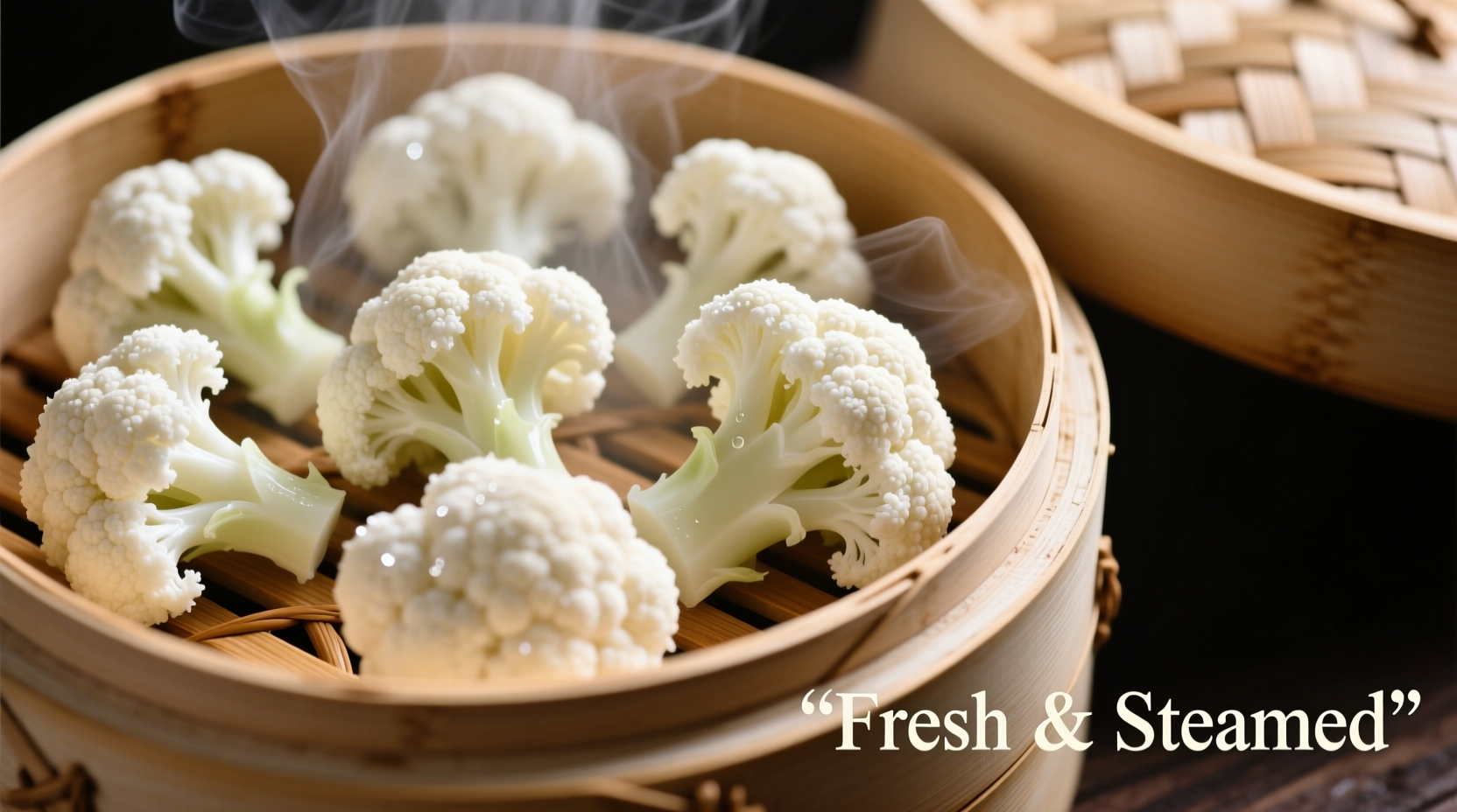 Perfectly steamed cauliflower florets in bamboo steamer