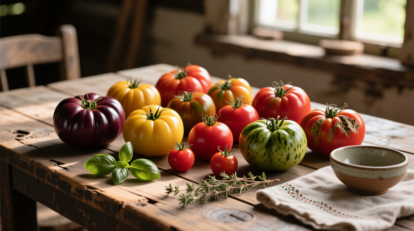 Heirloom tomato varieties on wooden table