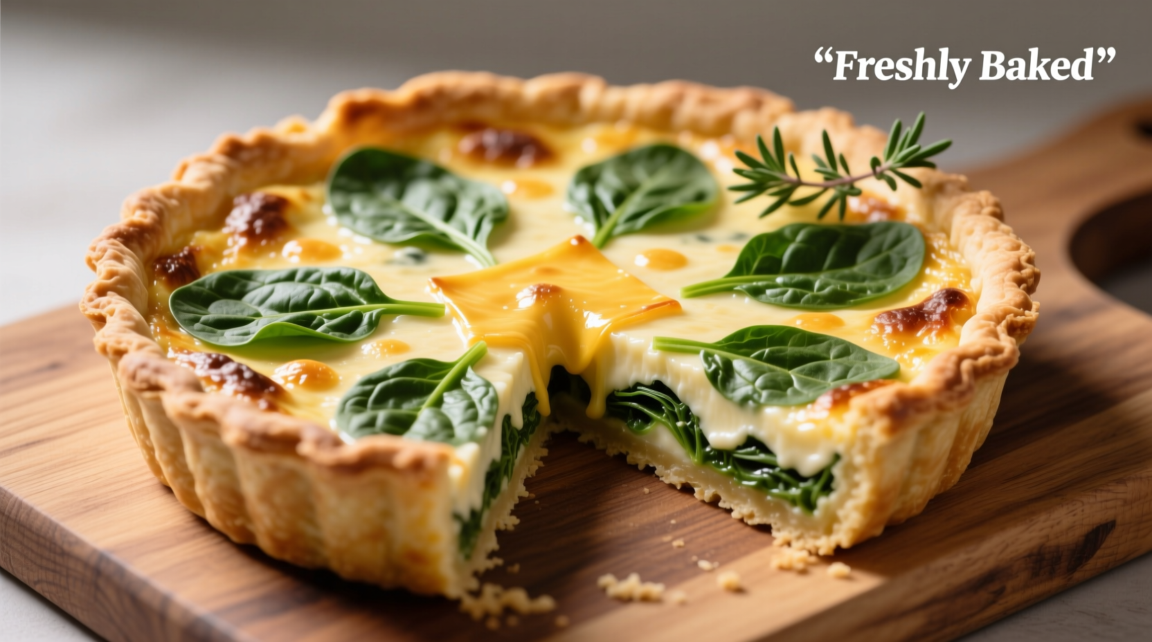 Perfectly baked spinach cheese quiche with golden crust