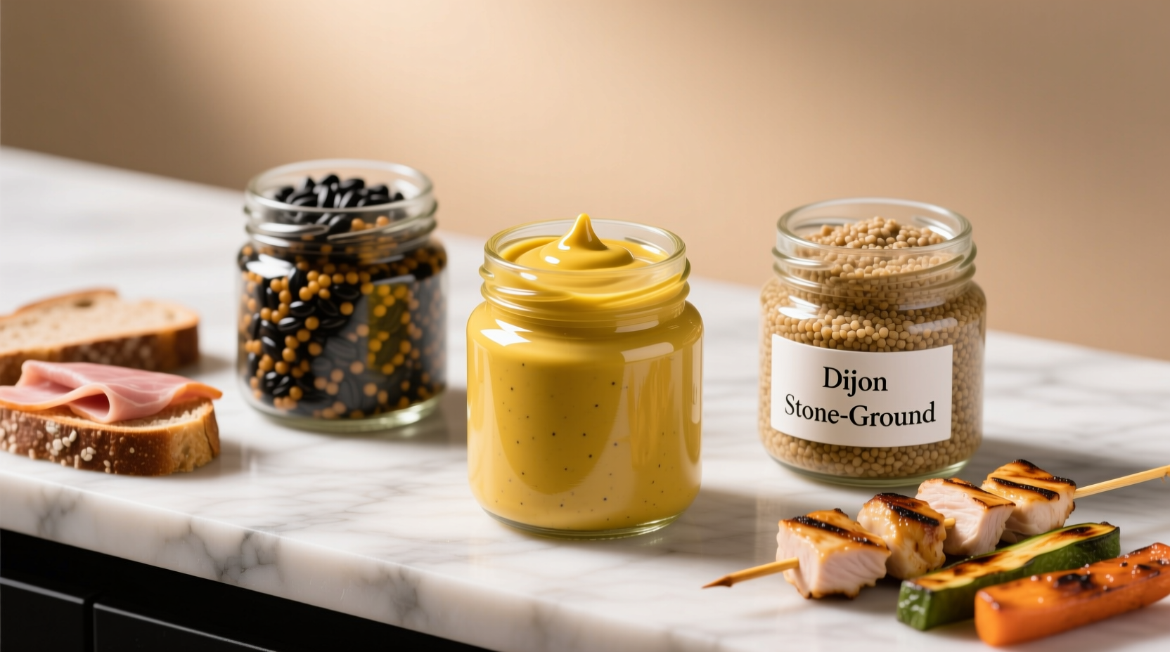 Three mustard types in glass jars: Dijon (smooth yellow), whole grain (visible seeds), stone-ground (coarse texture) beside pairing examples