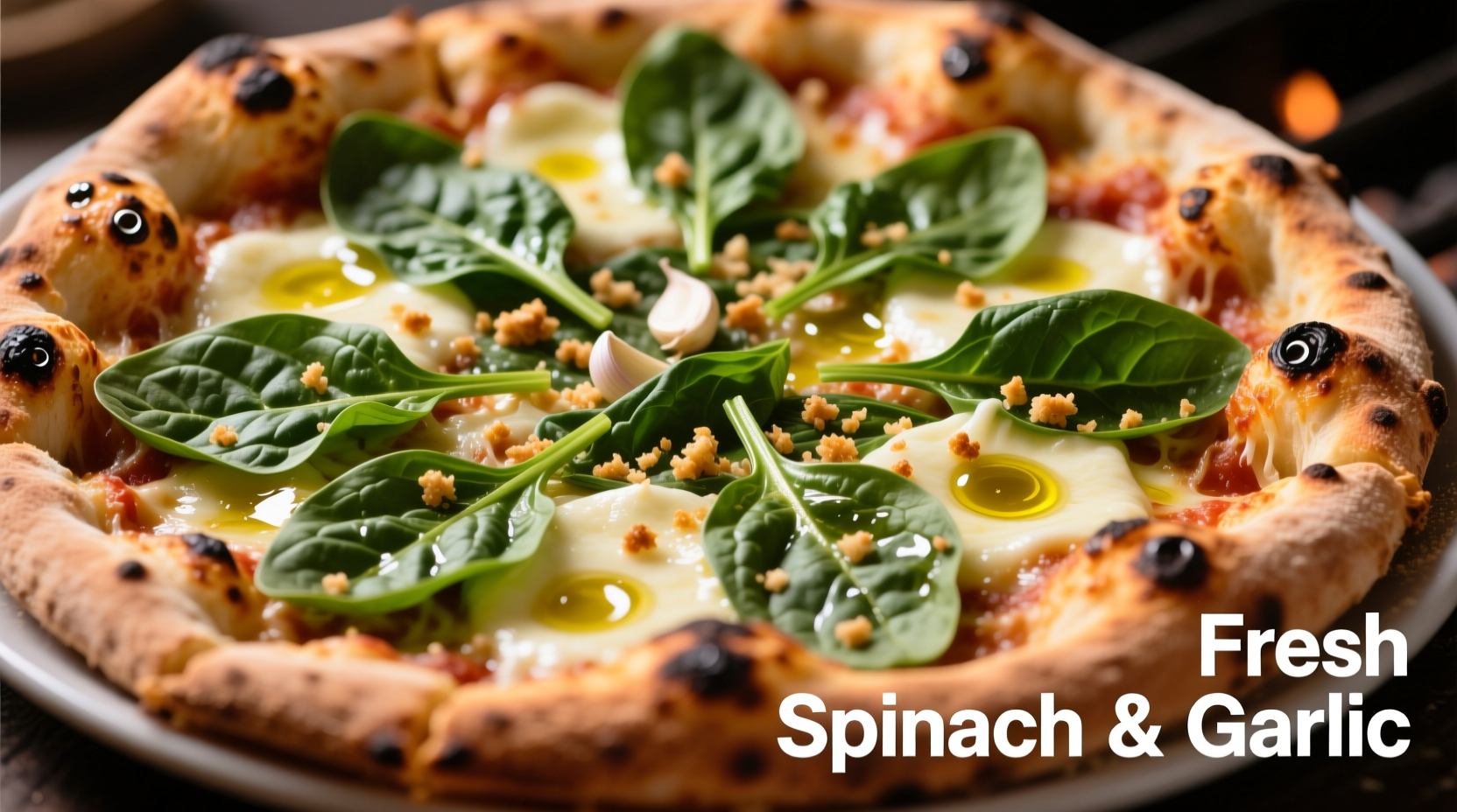 Fresh spinach pizza with melted mozzarella and garlic