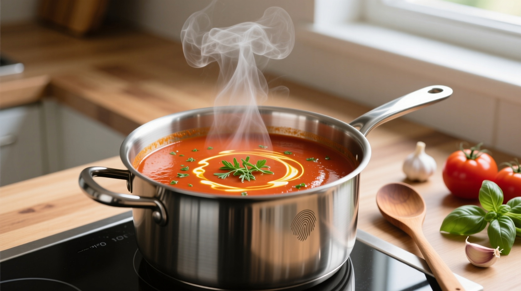 Fresh tomato soup simmering in stainless steel pot