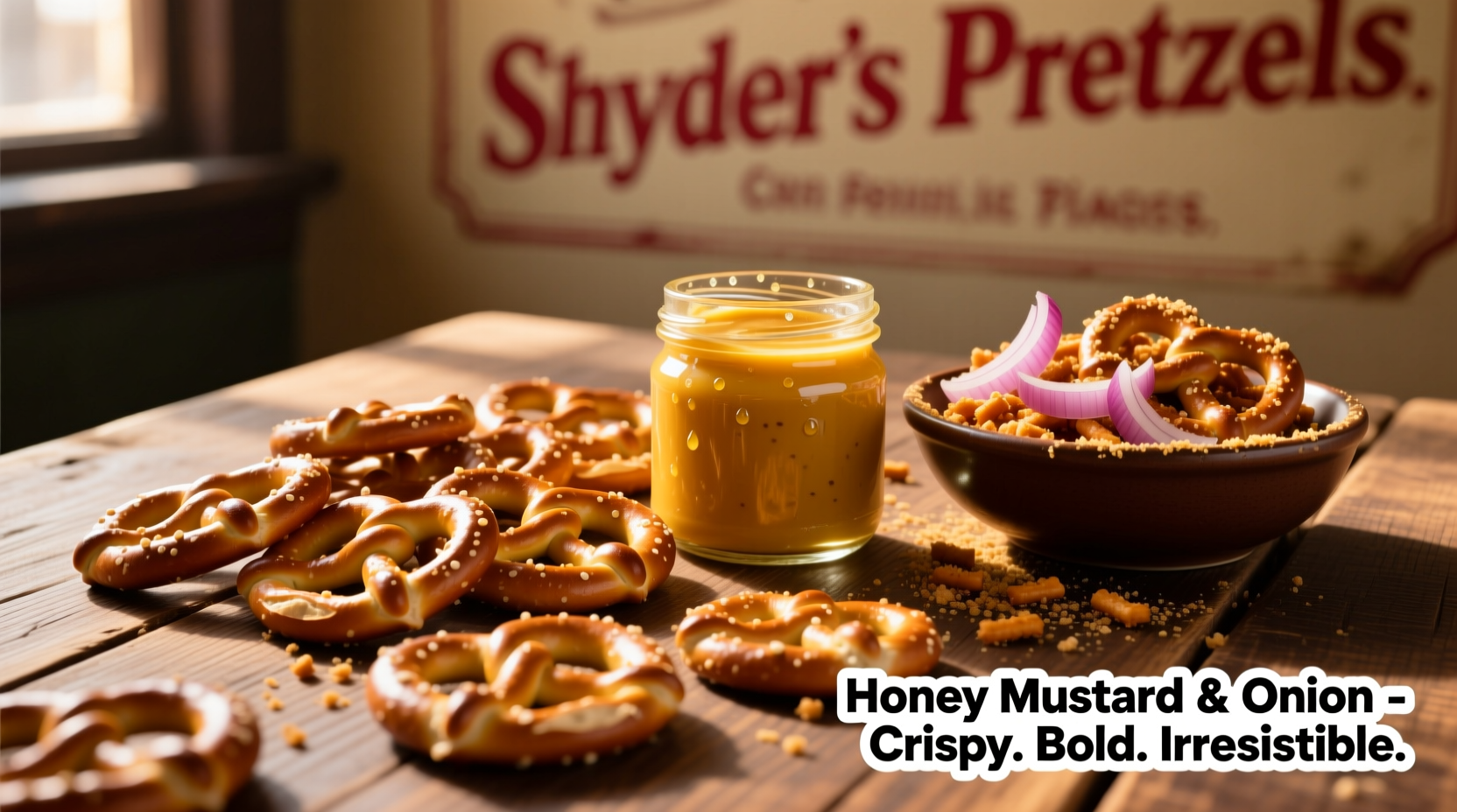 Snyder's pretzel pieces in honey mustard and onion flavor