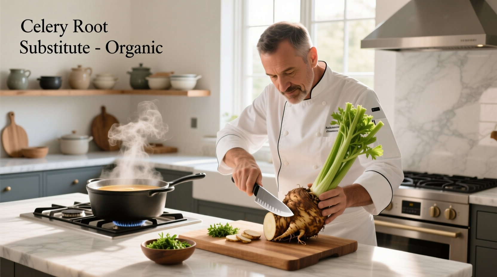 Chef preparing celery root substitutes in kitchen