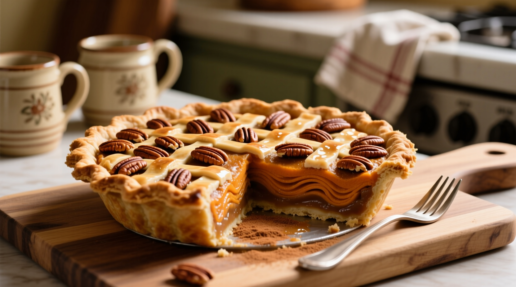 Homemade pecan sweet potato pie with golden crust and pecan topping