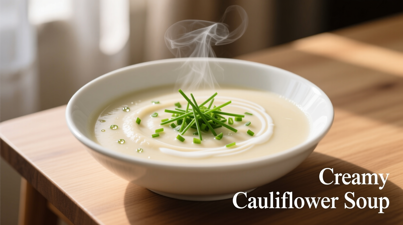 Creamy cauliflower soup in white bowl with chives
