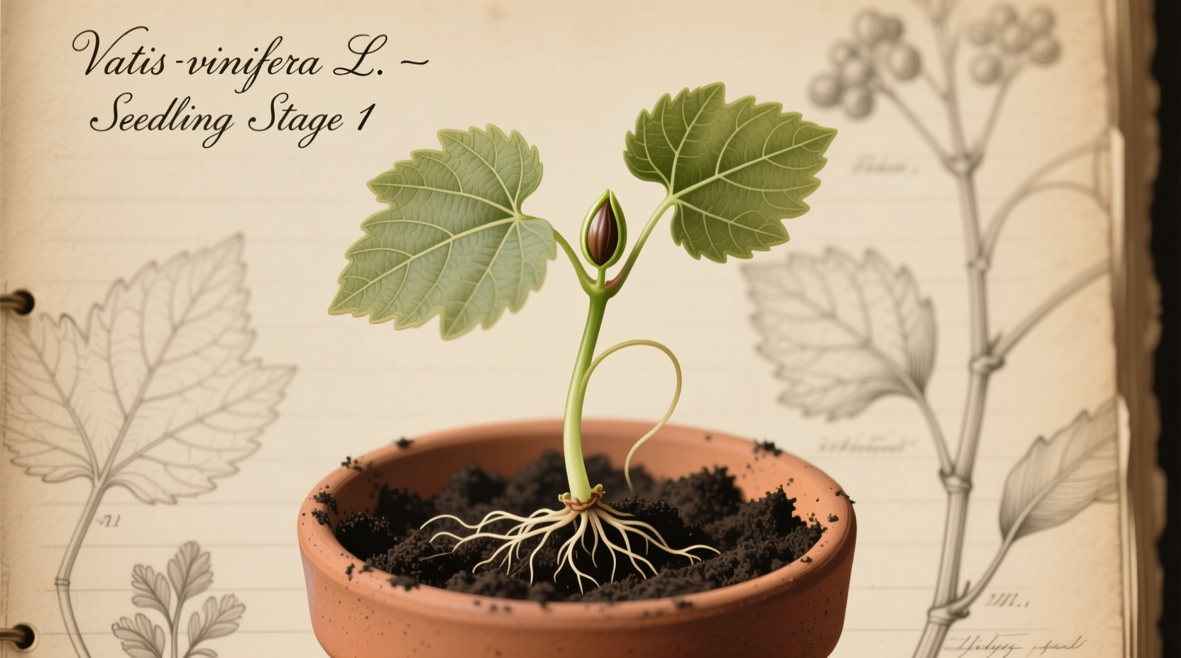 Grape seedling emerging from soil in small pot