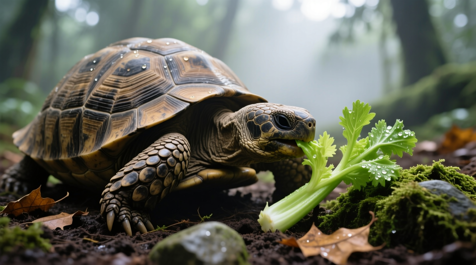 Tortoise eating celery leaves on natural substrate