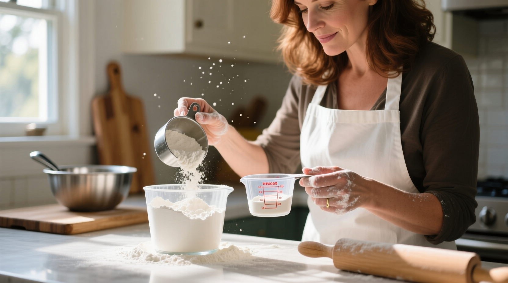 measure flour accurately with two measuring cups or a w