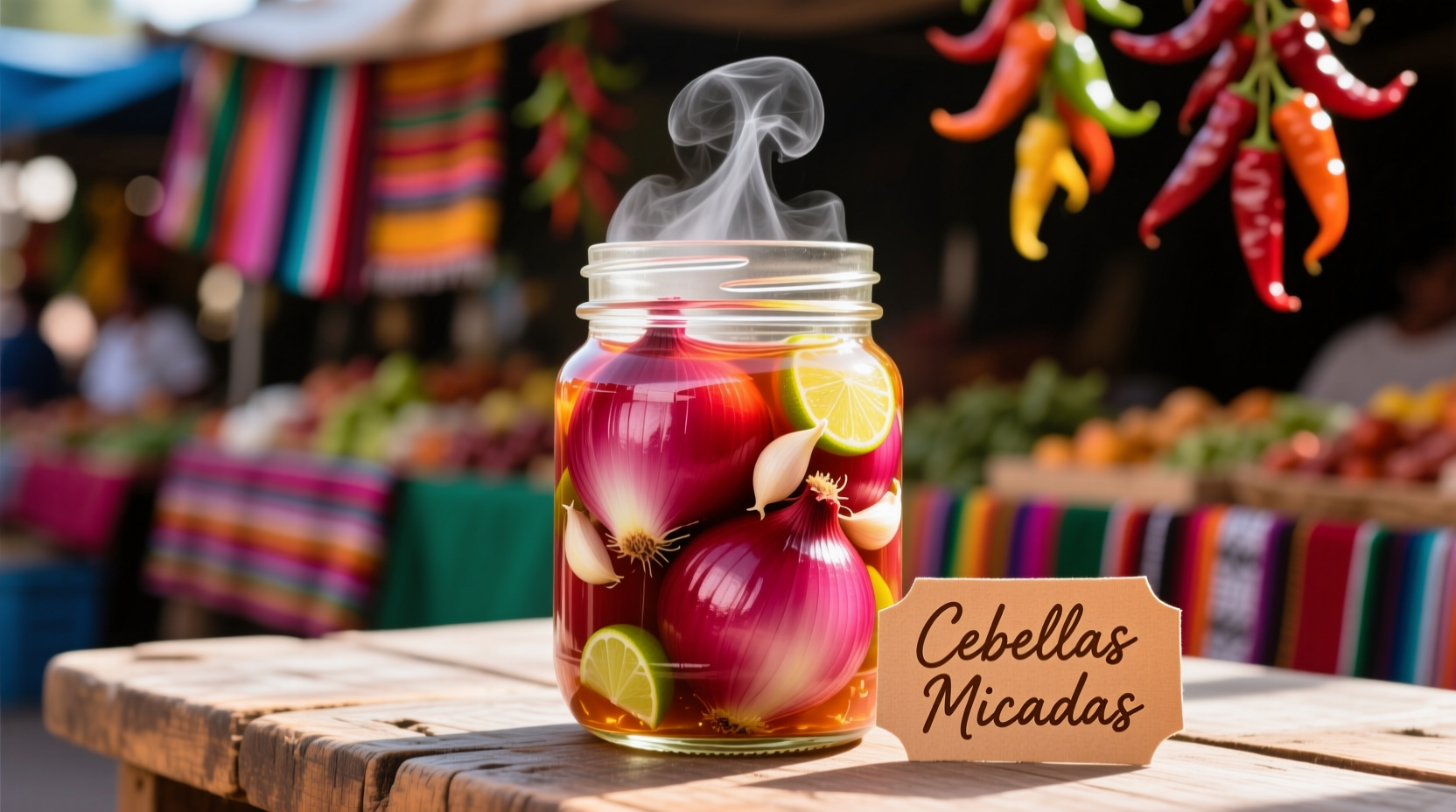 Vibrant Mexican pickled red onions in glass jar