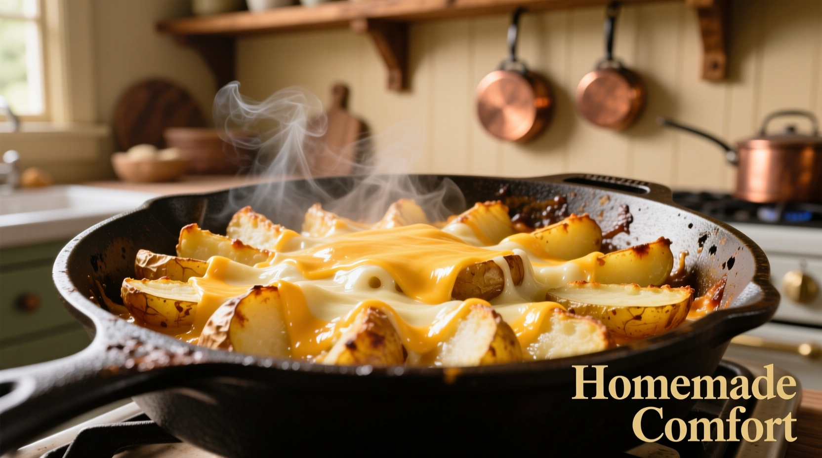 Golden cheesy potatoes in cast iron skillet