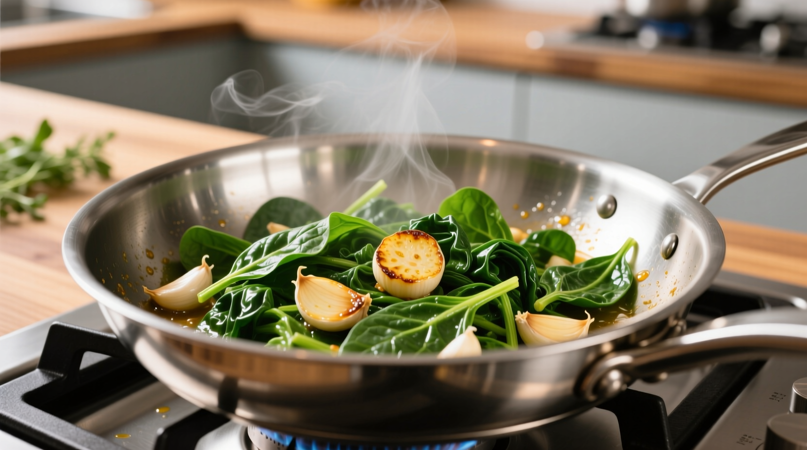 Fresh spinach sautéing in stainless steel pan with garlic