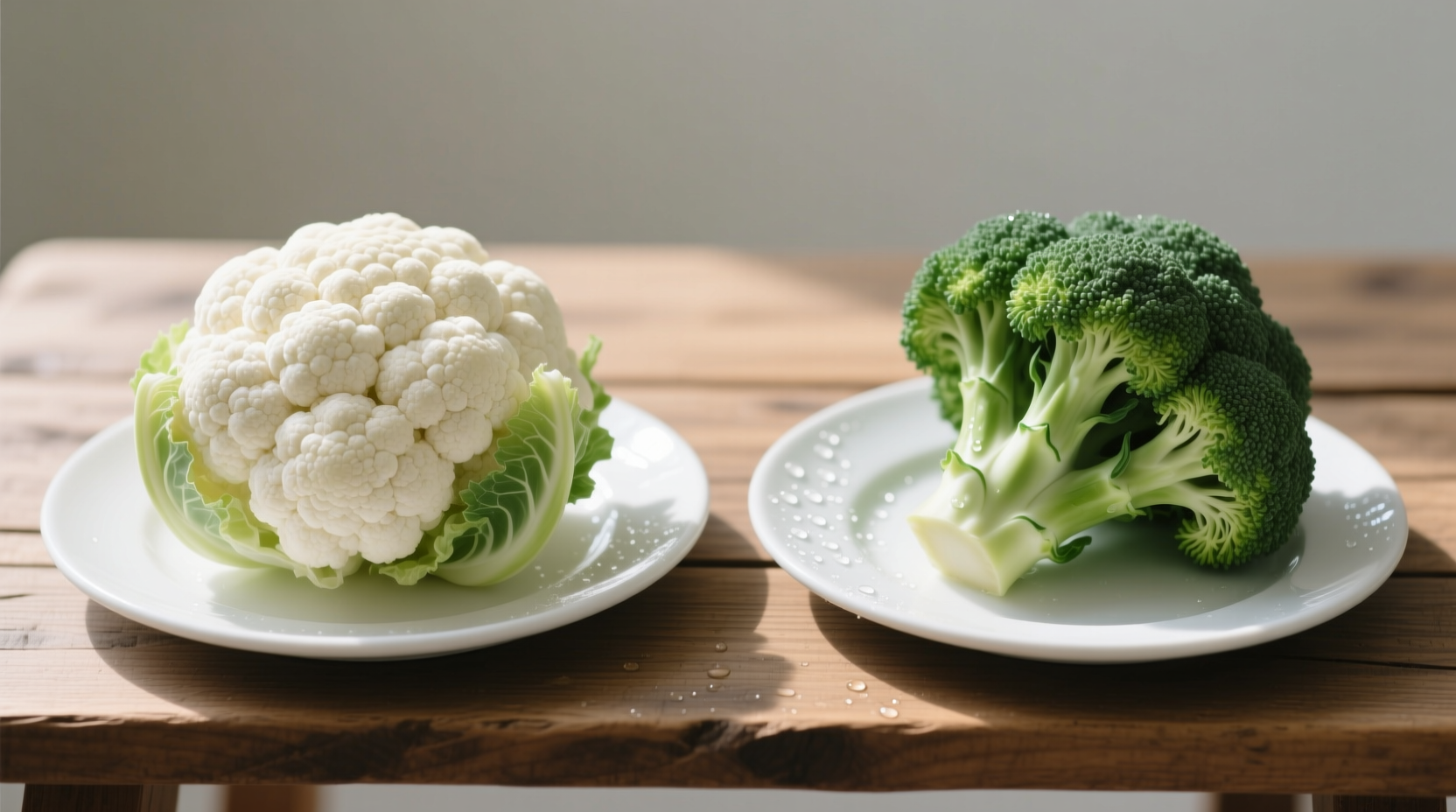 Side-by-side comparison of fresh cauliflower and broccoli