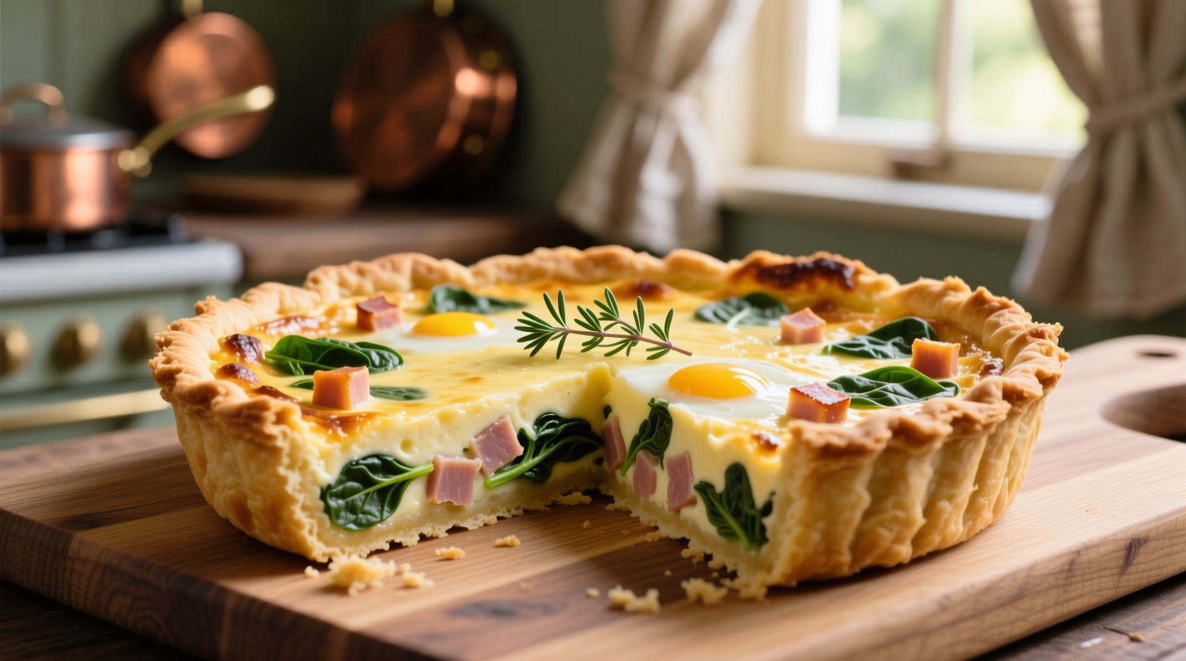 Perfectly golden ham spinach quiche with flaky crust