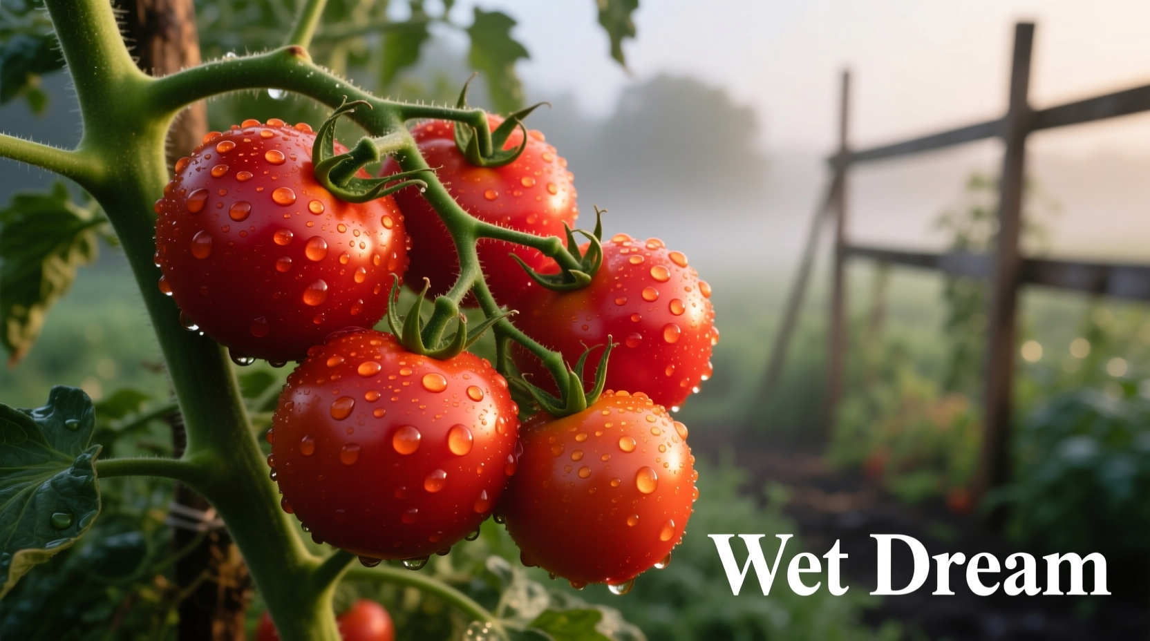 Ripe Wet Dream tomatoes on vine with water droplets