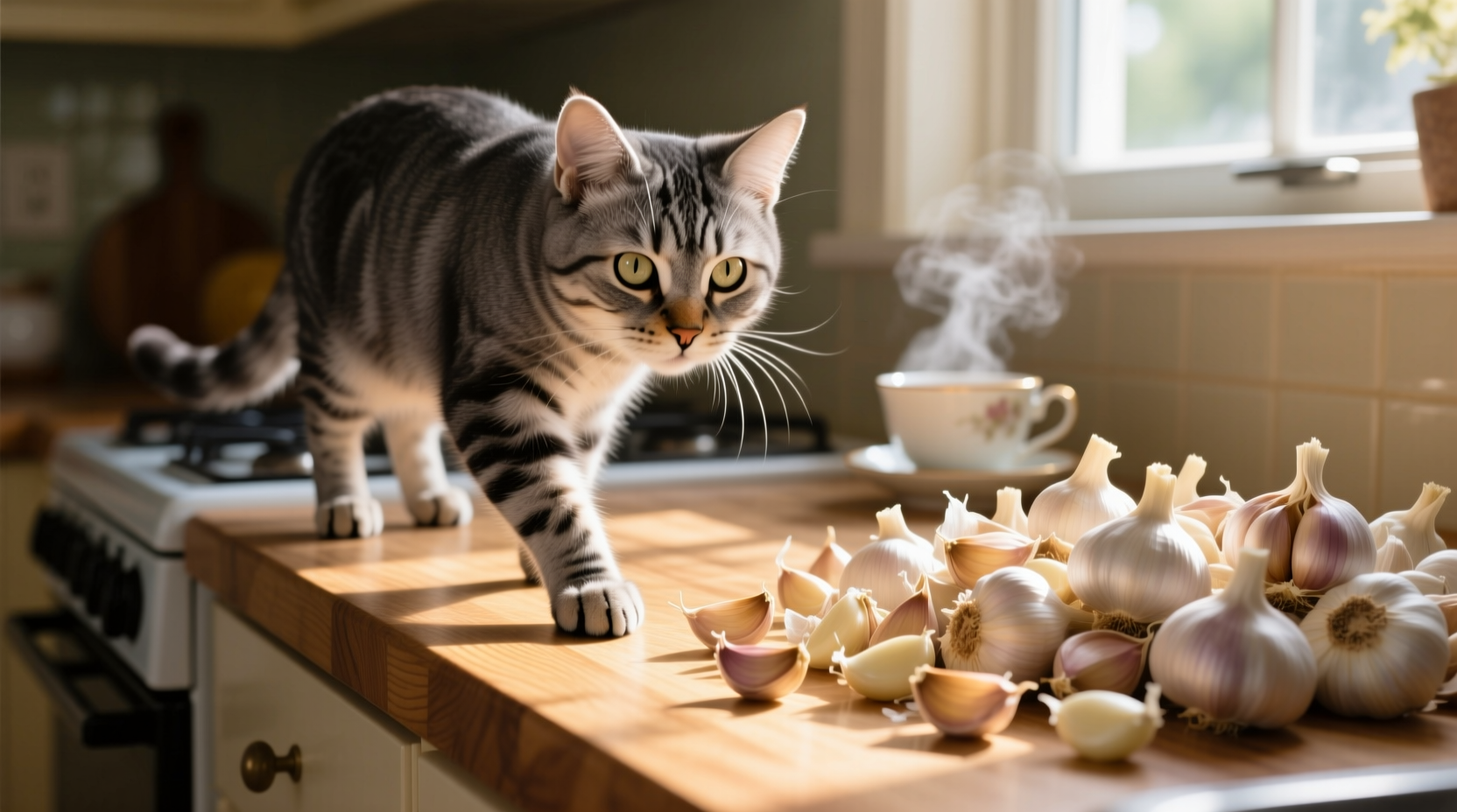 Cat avoiding garlic cloves on kitchen counter