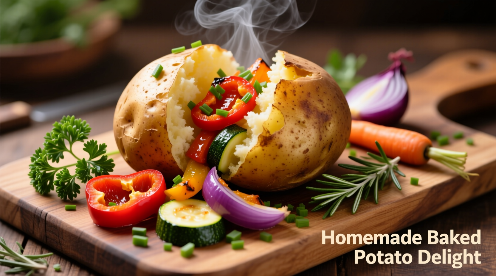Baked potato with colorful vegetables and herbs
