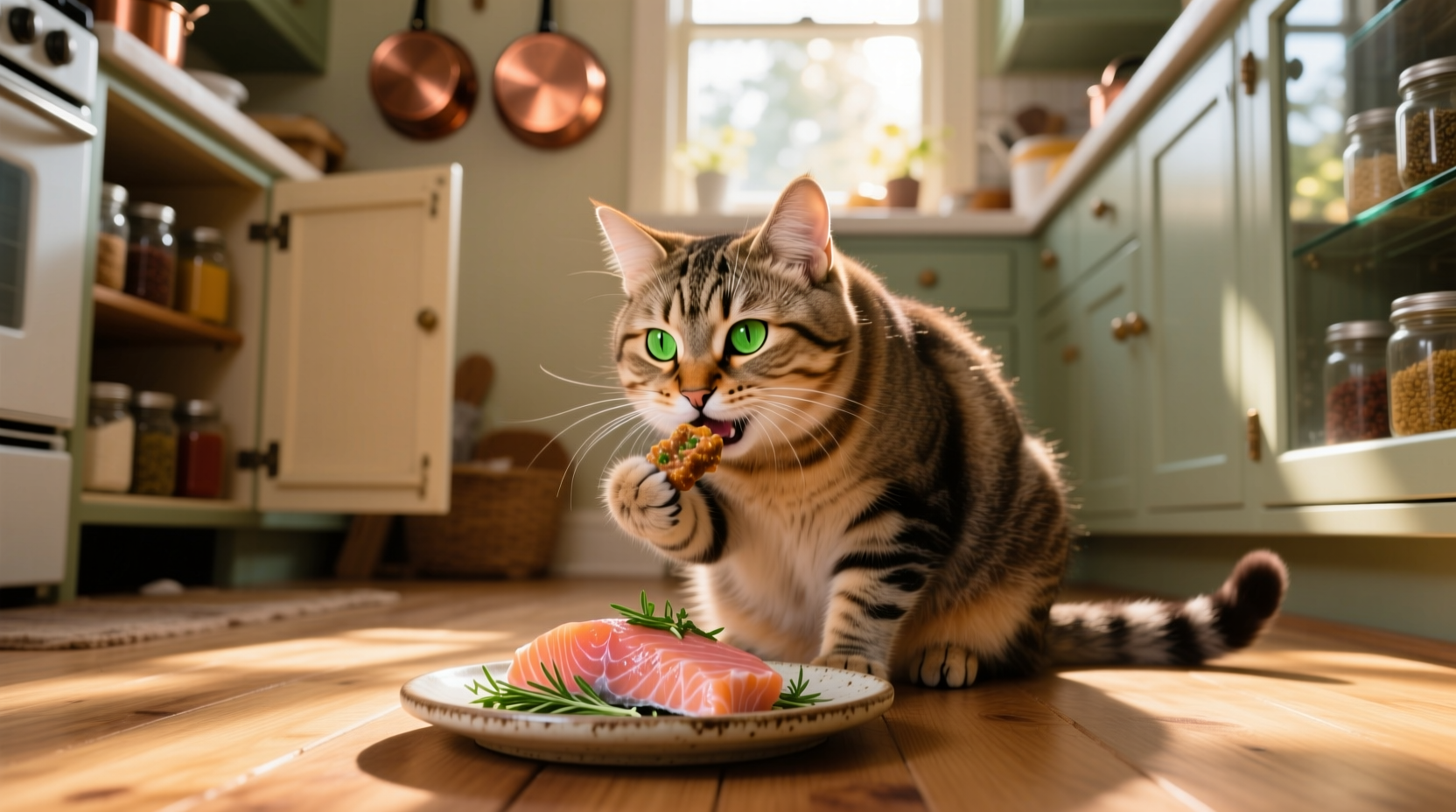 Cat happily eating homemade salmon treats