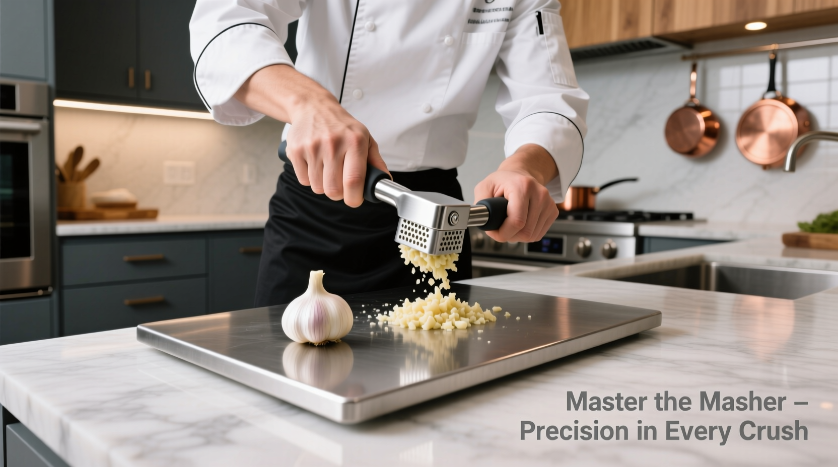 Professional chef demonstrating proper garlic masher technique