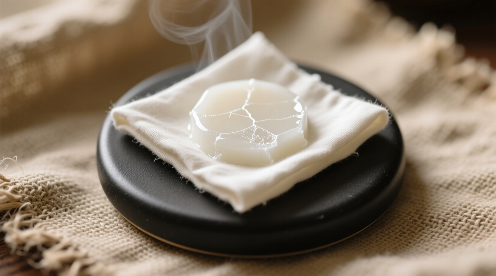 Close-up photograph showing a frozen, opaque white wax patch on natural beige hemp fabric, overlaid with a smooth, folded off-white organic cotton square pressed evenly by a matte black ceramic weight. No steam, no tools, no visible moisture.