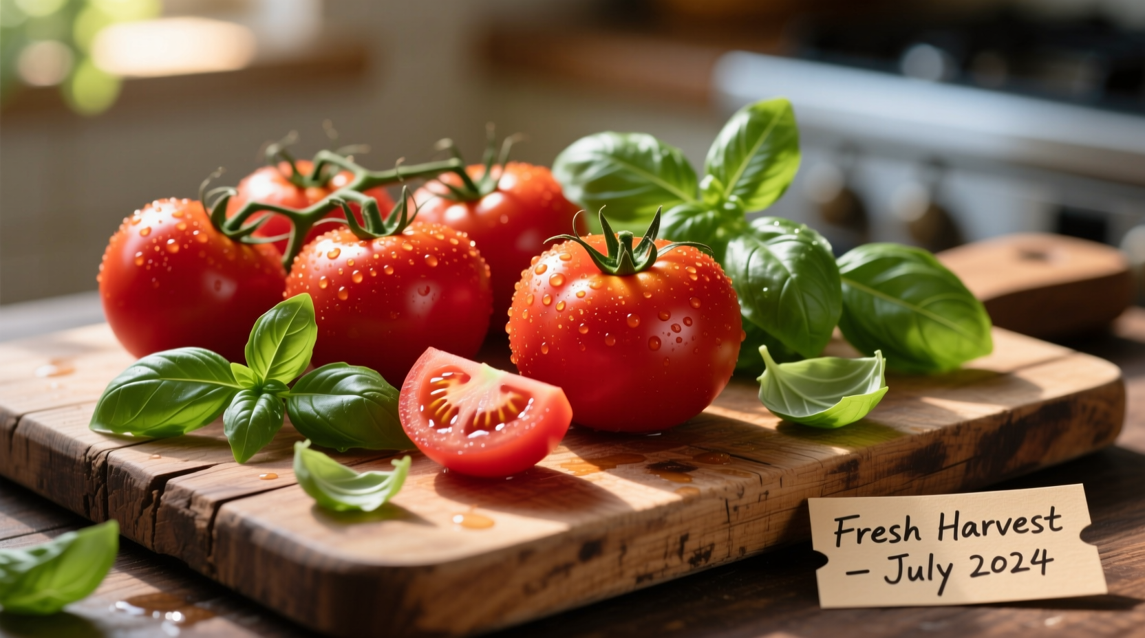 Fresh tomatoes and basil on wooden cutting board