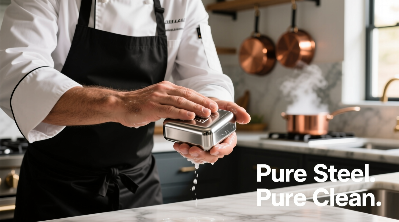 Chef rubbing hands with stainless steel soap bar