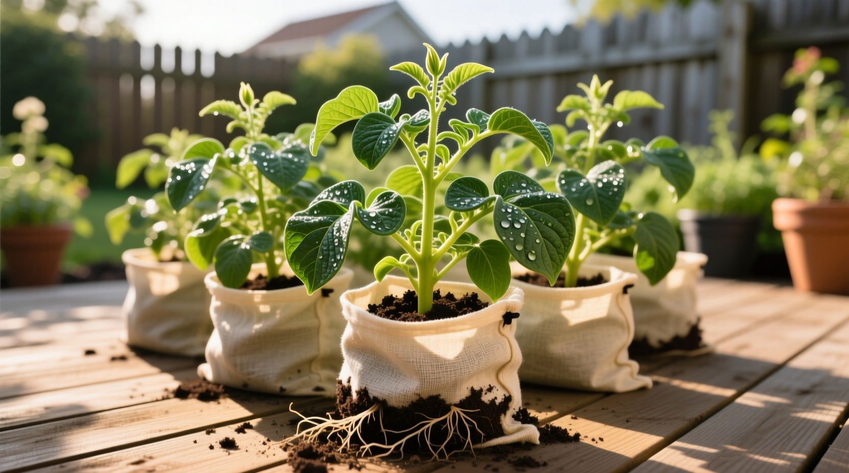 Healthy potato plants growing in fabric grow bags on a sunny patio