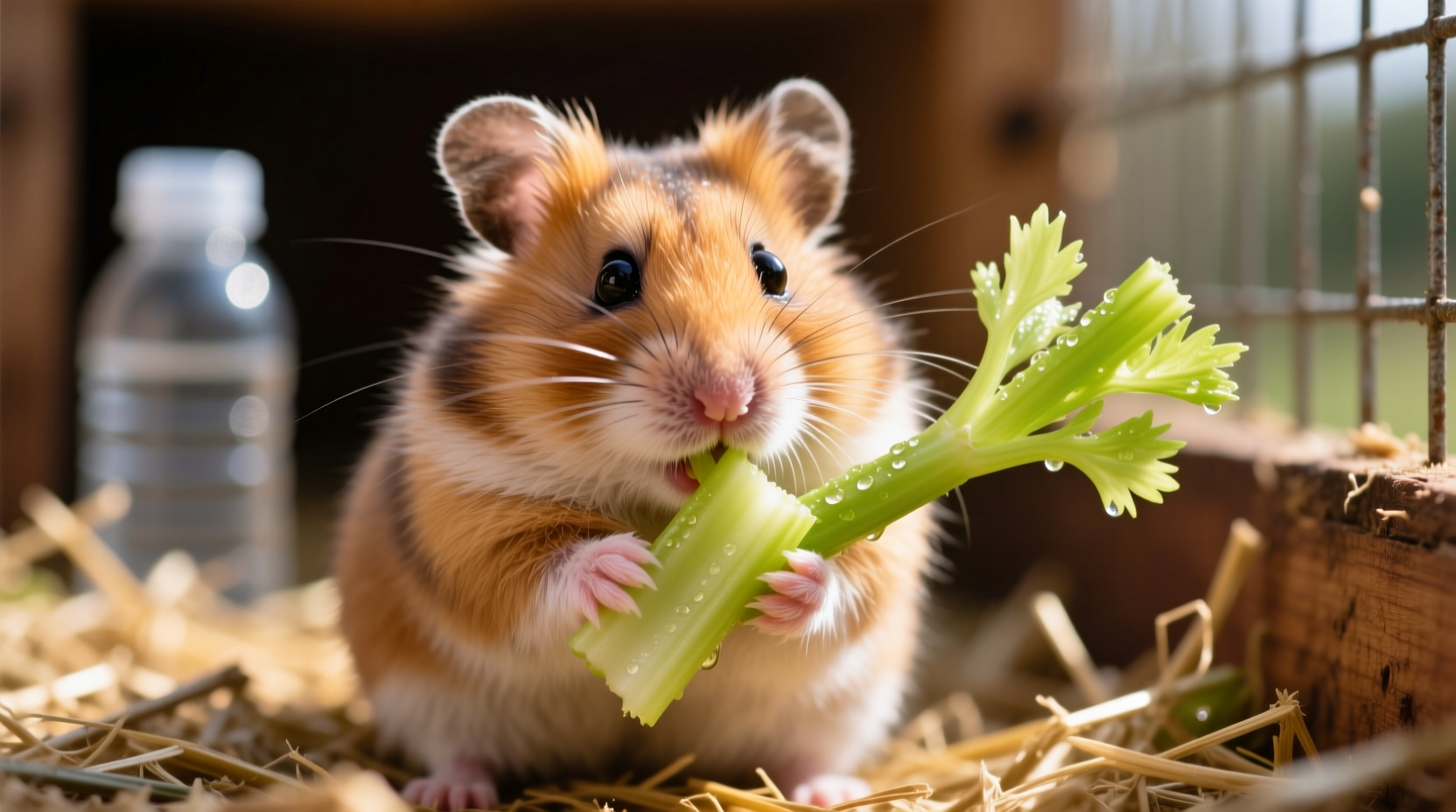 Hamster nibbling on small piece of celery