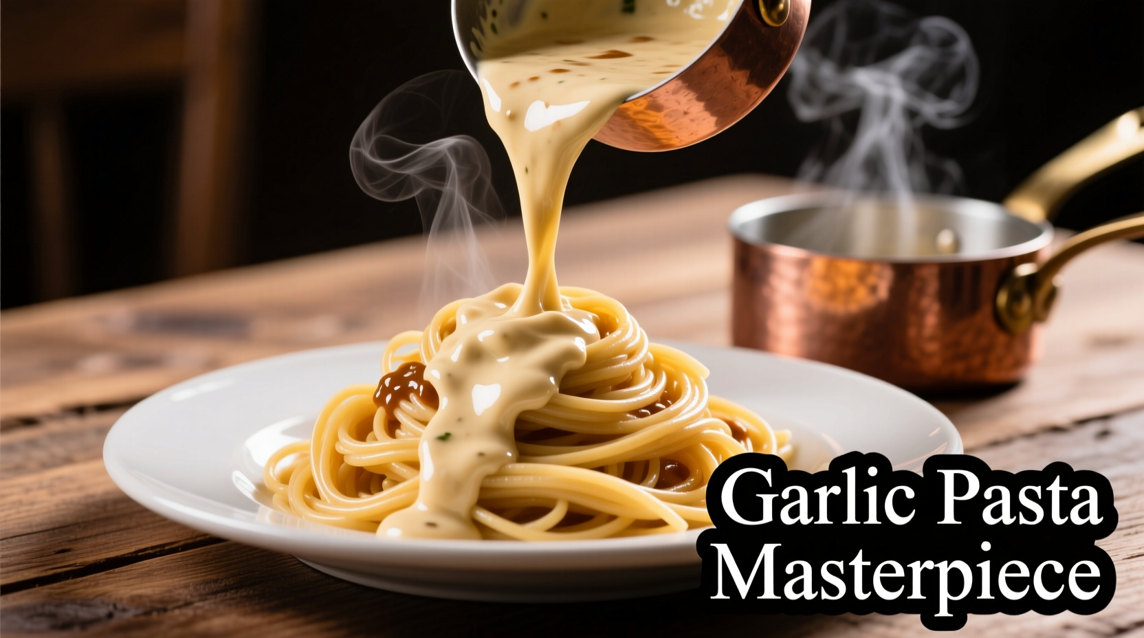Creamy garlic sauce being poured over pasta