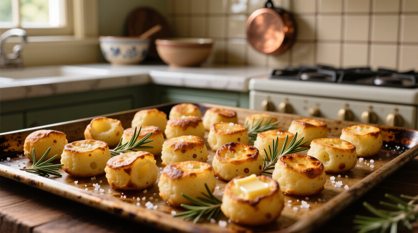 Golden brown homemade potato tots on baking sheet