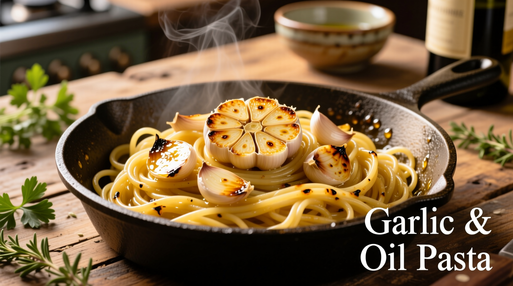 Golden garlic slices in olive oil with spaghetti