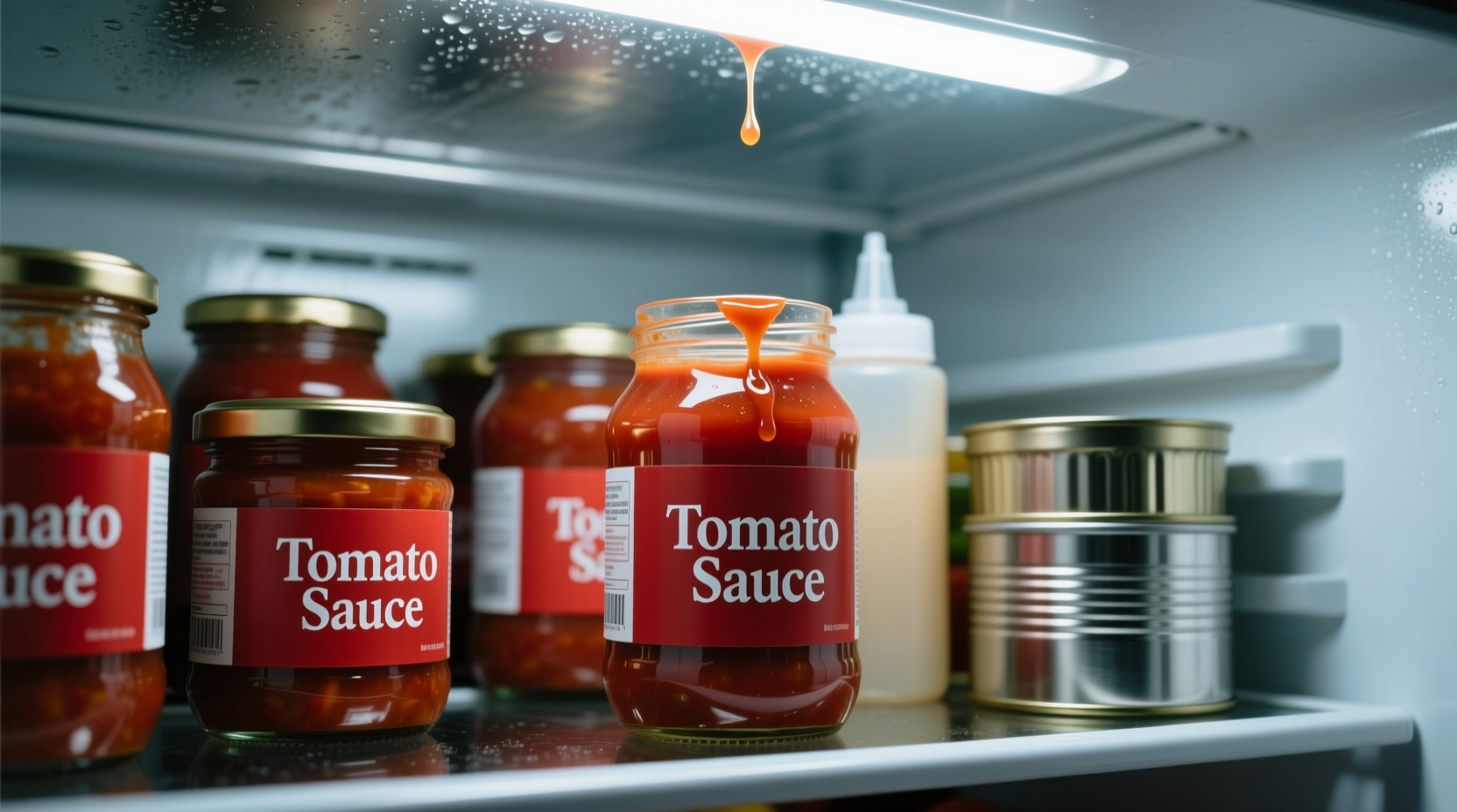 Tomato sauce containers in refrigerator