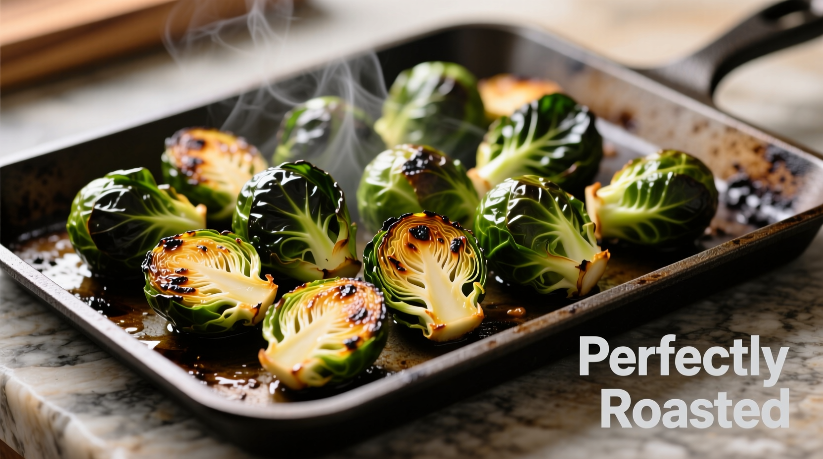Perfectly roasted brussels sprouts on baking sheet