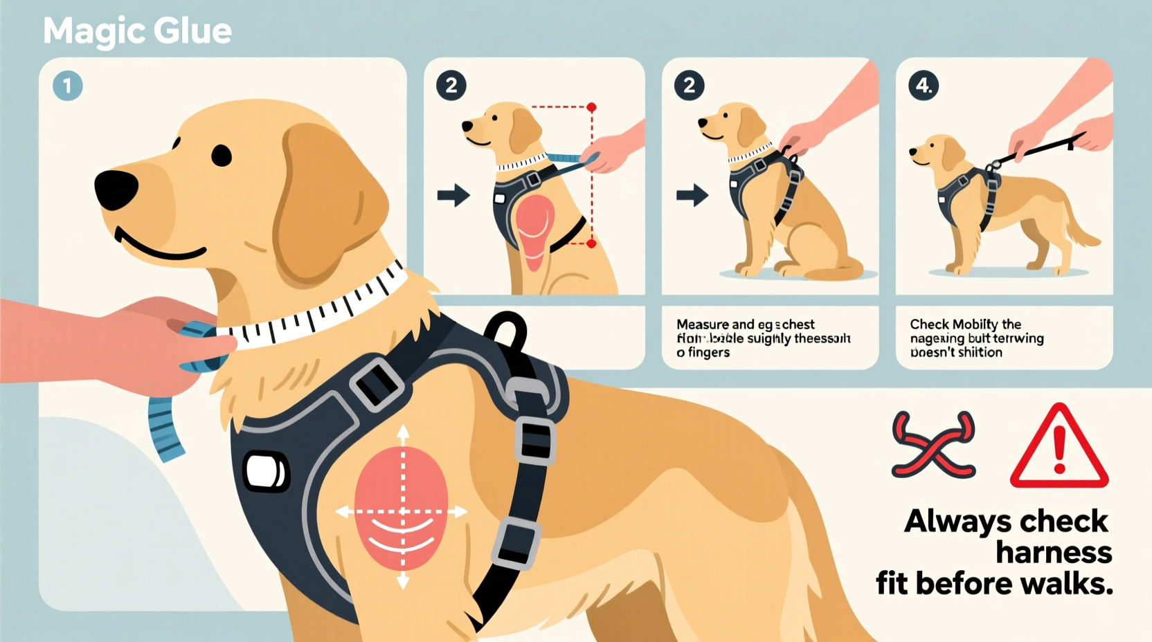 step by step guide to properly fitting and adjusting a magic glue dog harness for comfort and safety