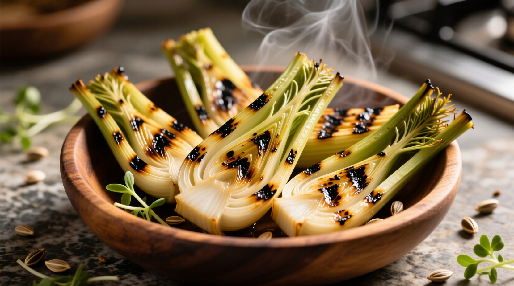 Grilled fennel wedges with char marks on grill