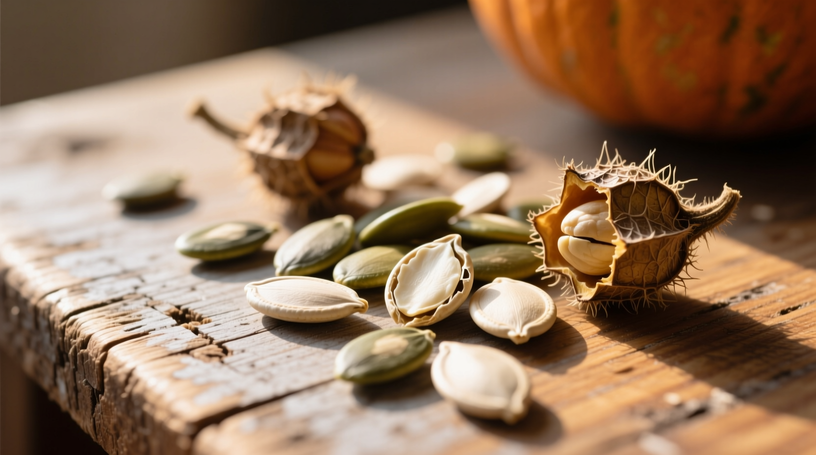 Close-up of raw pumpkin seeds on wooden table