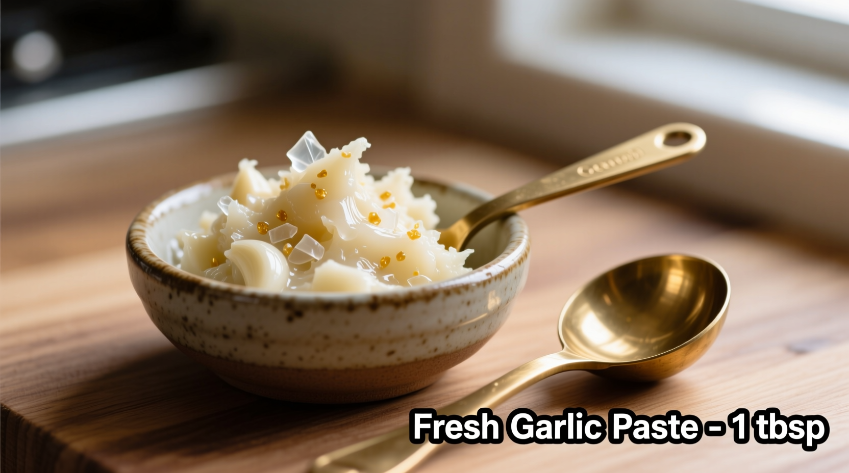 Fresh garlic paste in a small bowl with measuring spoon