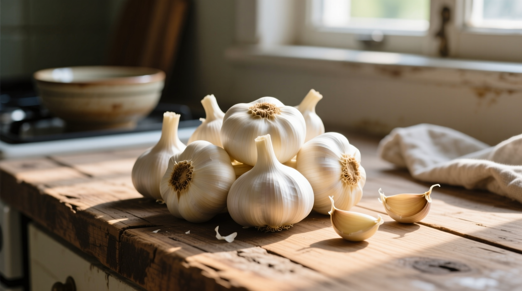 Fresh garlic bulbs on wooden kitchen surface