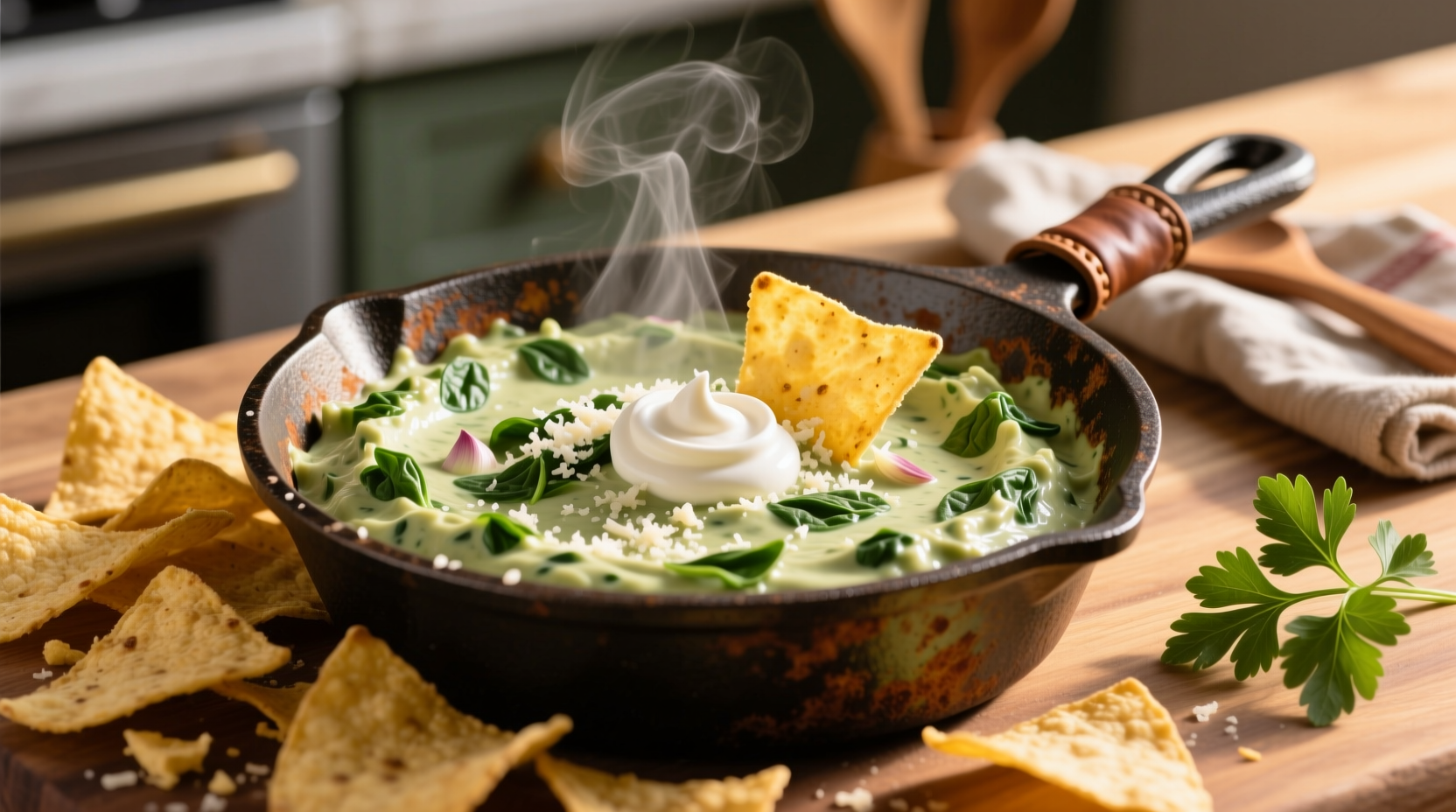 Creamy spinach dip served with tortilla chips in a cast iron skillet